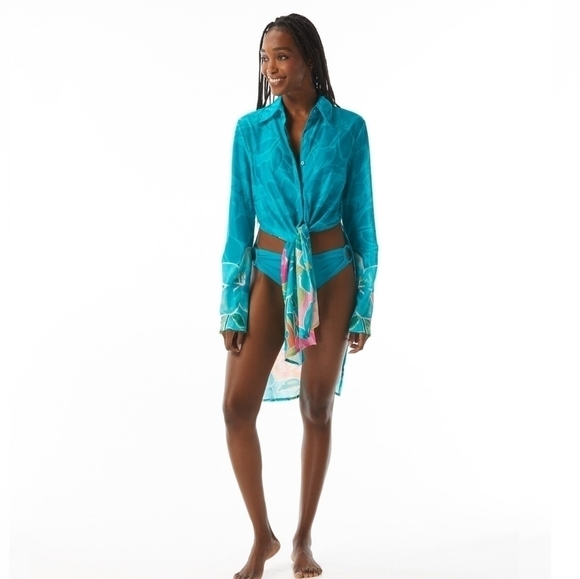 NWT Carmen Marc Valvo Convertible Front Tie Midi Shirt Cover Up - Picture 2 of 8